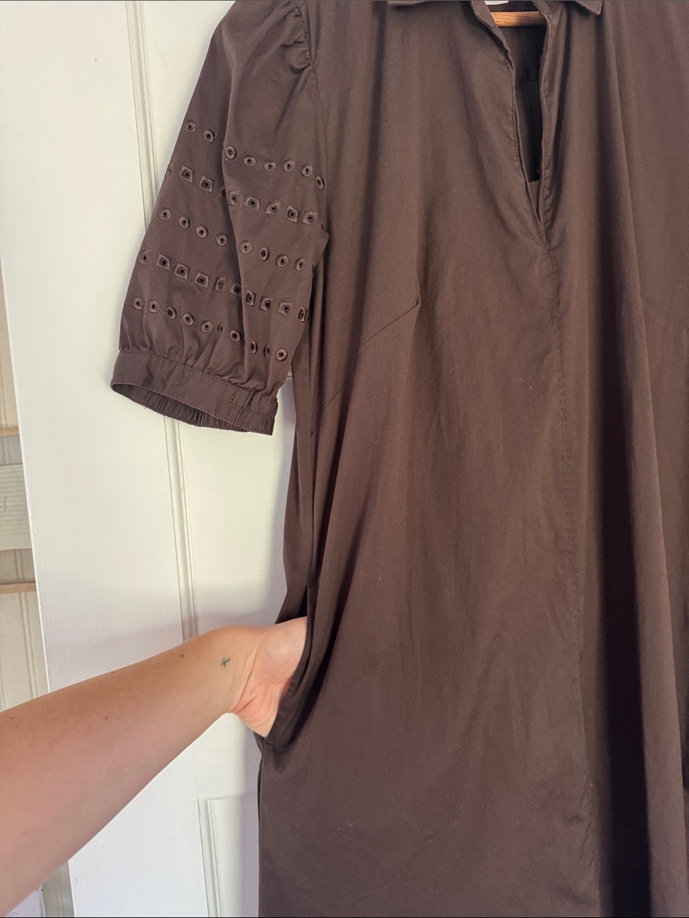 Chico's Brown Maxi Shirt Dress with Eyelet Short Sleeves - Picture 4 of 5